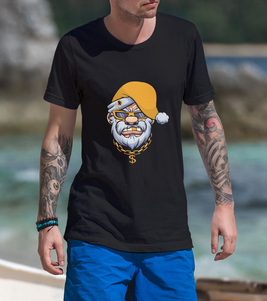 Santa With Gangster Style Gold Hat And Chain Featuring Washington Football Team T-Shirt
