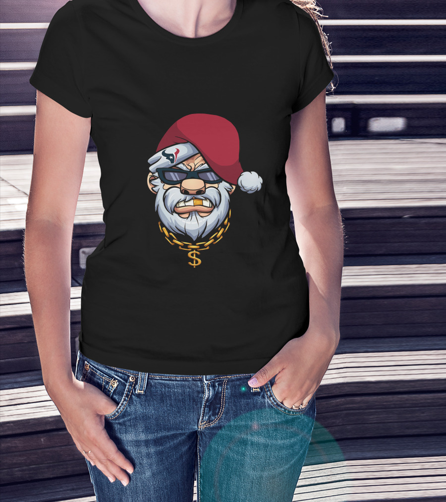 Texans Gangster Santa Wearing Sunglasses And Santa Hat With Dollar Sign Chain T-Shirt