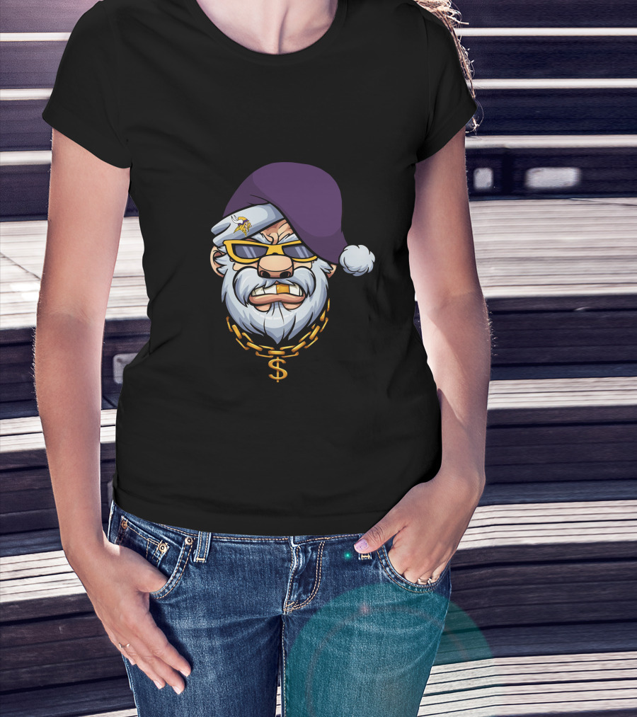 Vikings Gangster Santa With Purple Hat And Gold Chain T-Shirt