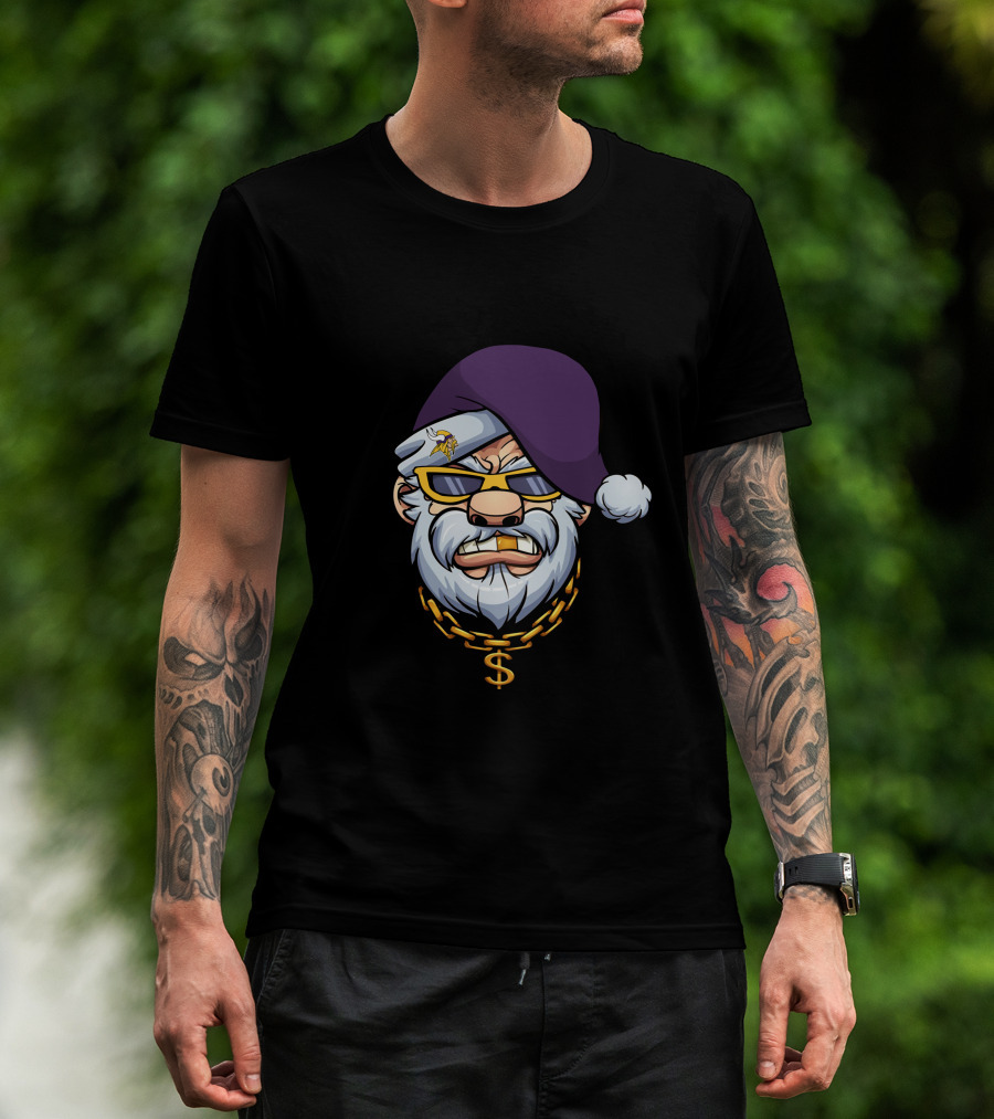 Vikings Gangster Santa With Purple Hat And Gold Chain T-Shirt