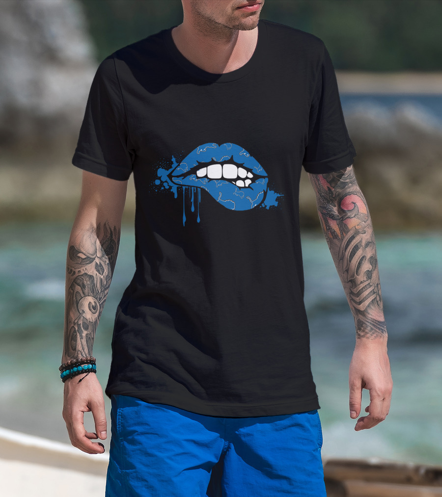 Dripping Blue Lips With White Lions Outline T-Shirt