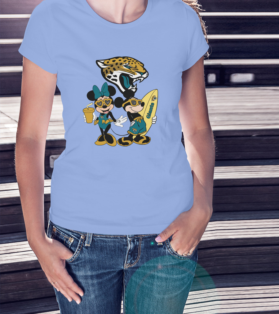 Jaguars Mickey And Minnie Happy Vacation With Surfboard And Drink T-Shirt