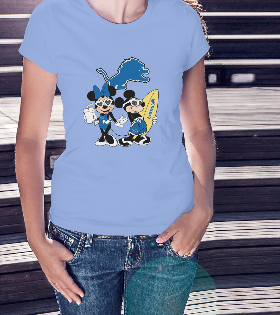 Lions Mickey And Minnie Happy Vacation With Surfboard And Drink T-Shirt
