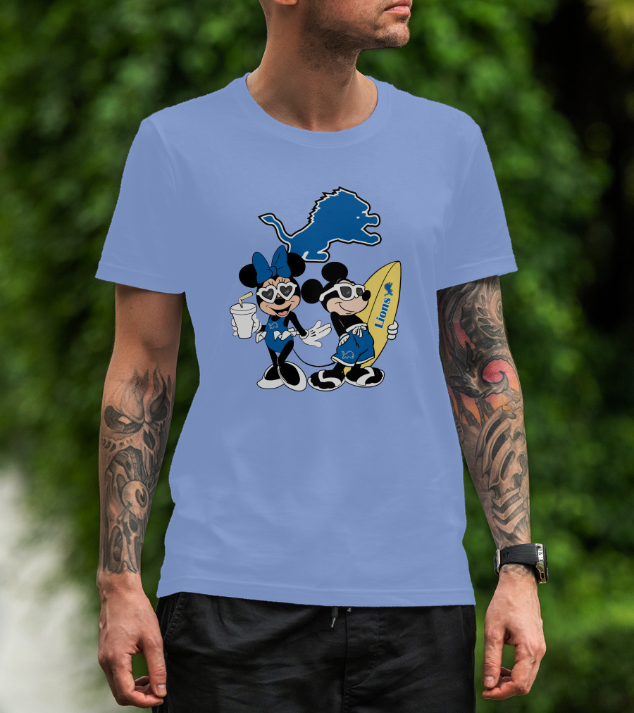 Lions Mickey And Minnie Happy Vacation With Surfboard And Drink T-Shirt