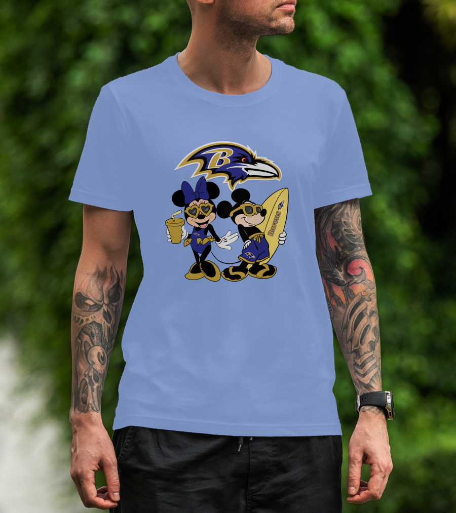 Ravens Mickey Minnie Vacation Surfing Football Fan Celebration T-Shirt