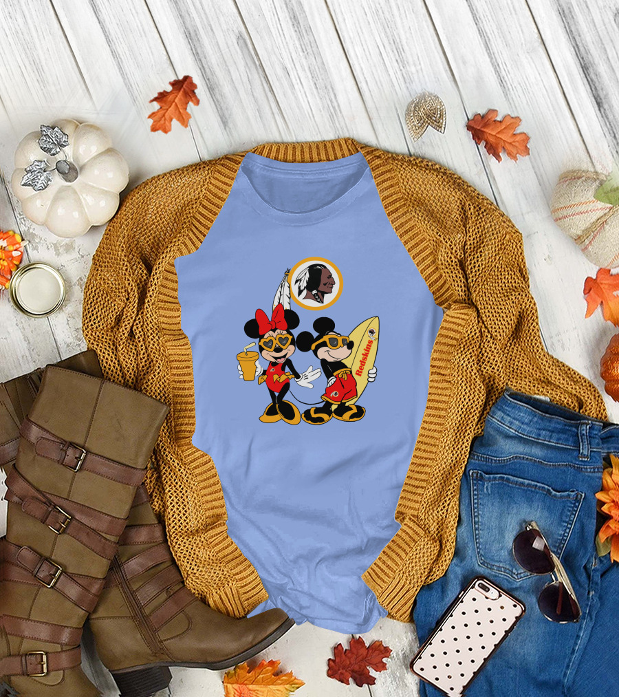 Redskins Mickey And Minnie Vacation Fun With Surfboard And Drink T-Shirt