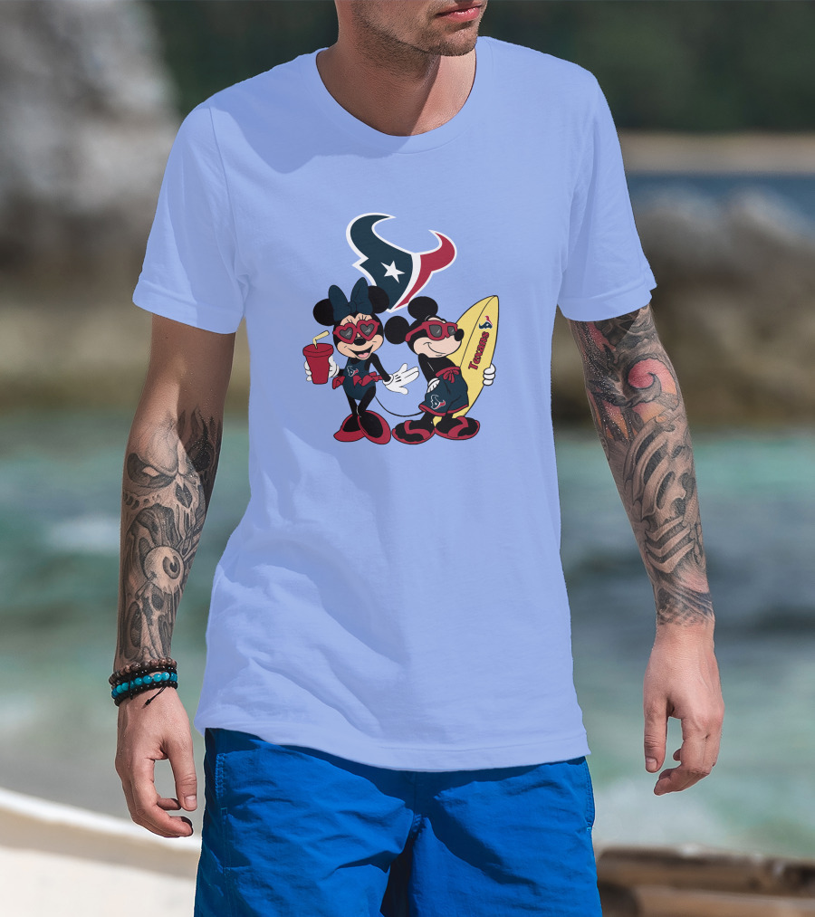 Texans Mickey And Minnie Happy Vacation Surfboard And Drink T-Shirt