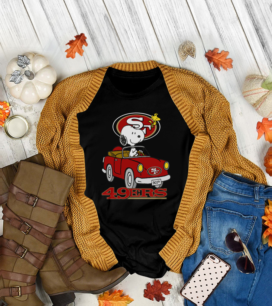 San Francisco 49ers Snoopy Driving Car With Woodstock T-Shirt