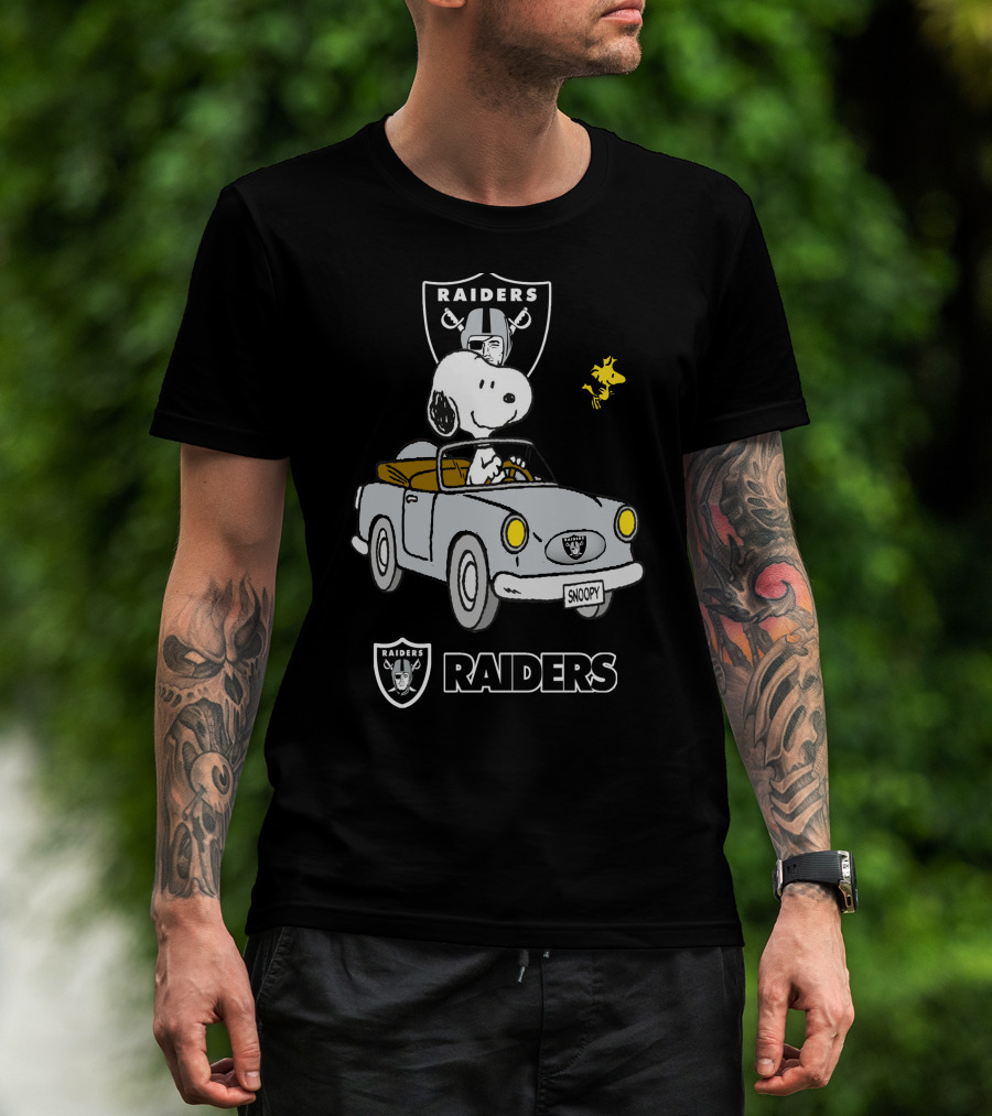 Raiders Snoopy Driving Cartoon With Woodstock And NFL T-Shirt