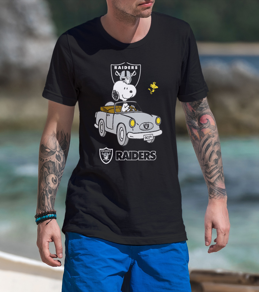Raiders Snoopy Driving Cartoon With Woodstock And NFL T-Shirt
