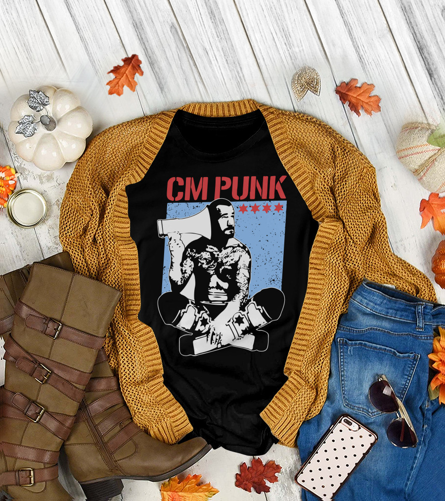 CM Punk AEW All Elite Wrestling Megaphone Graphic with Red Stars T-Shirt