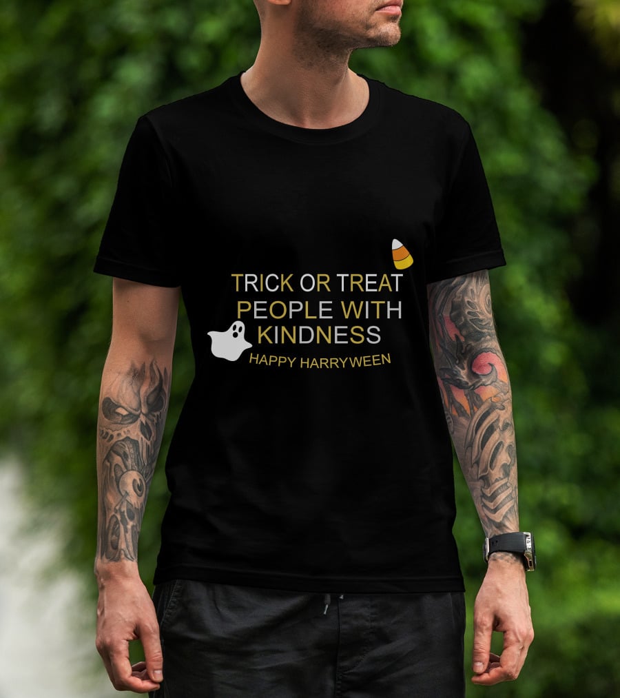 TRICK OR TREAT PEOPLE WITH KINDNESS HAPPY HARRYWEEN Ghost Candy Corn T-Shirt