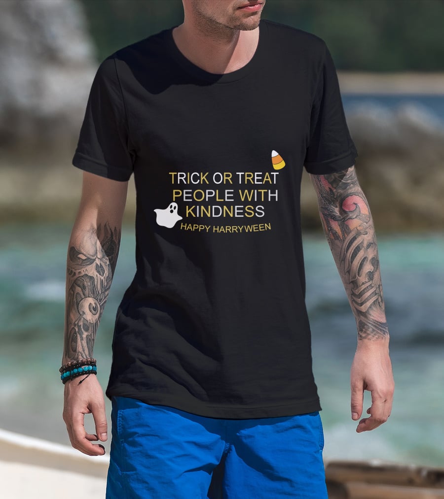 TRICK OR TREAT PEOPLE WITH KINDNESS HAPPY HARRYWEEN Ghost Candy Corn T-Shirt