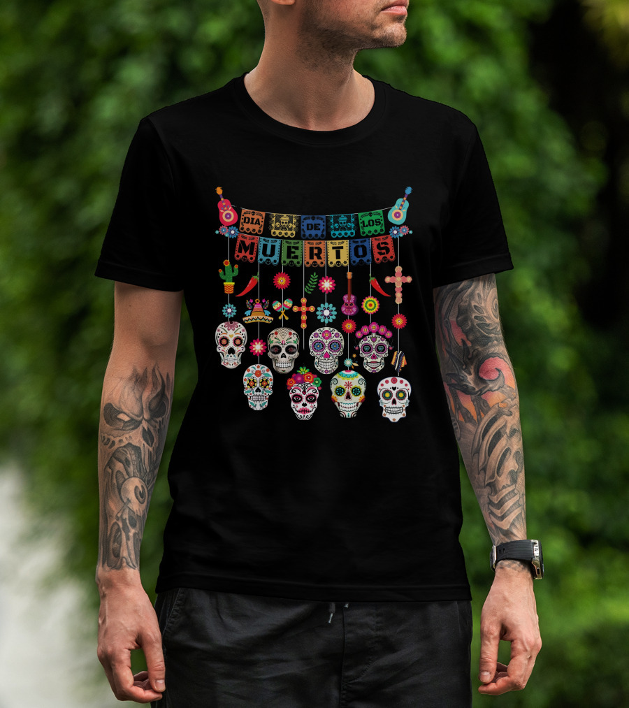 Dia De Los Muertos Colorful Sugar Skulls And Festive Decorations Day Of The Dead T-Shirt