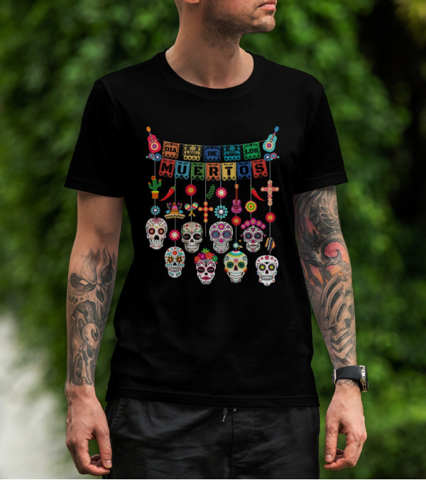 Dia De Los Muertos Colorful Sugar Skulls And Festive Decorations Day Of The Dead T-Shirt