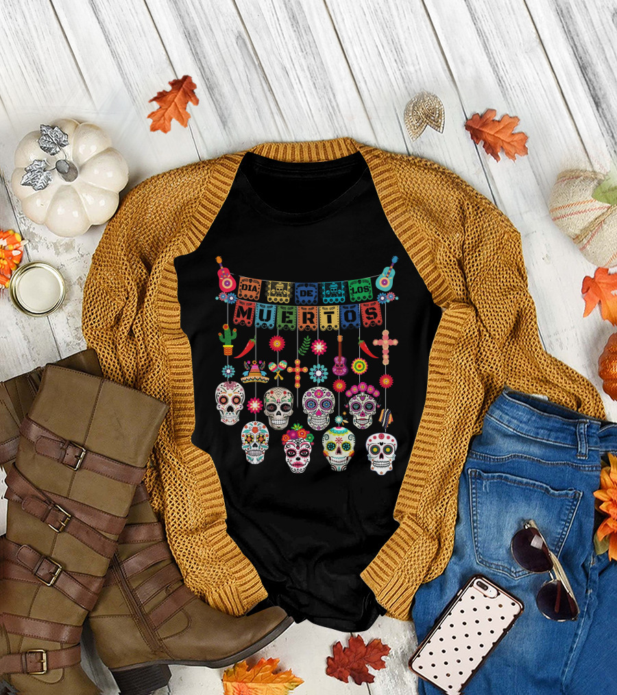 Dia De Los Muertos Colorful Sugar Skulls and Festive Decorations Day Of The Dead T-Shirt