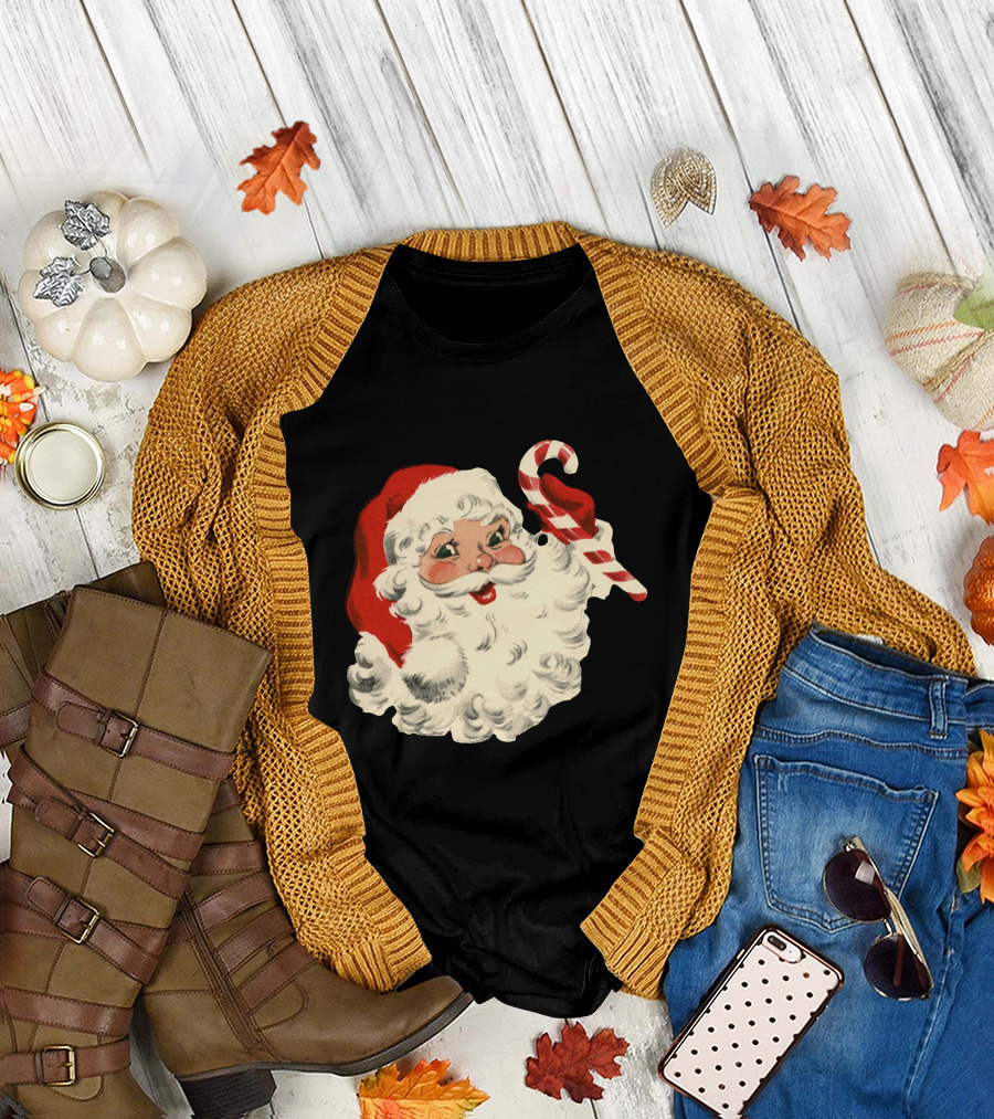 Retro Santa Claus Candy Cane Vintage Christmas T-Shirt