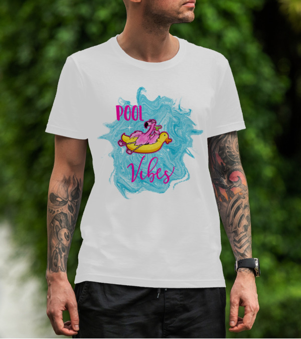 Pool Vibes Flamingo On Inflatable Duck With Blue Swirl Background T-Shirt