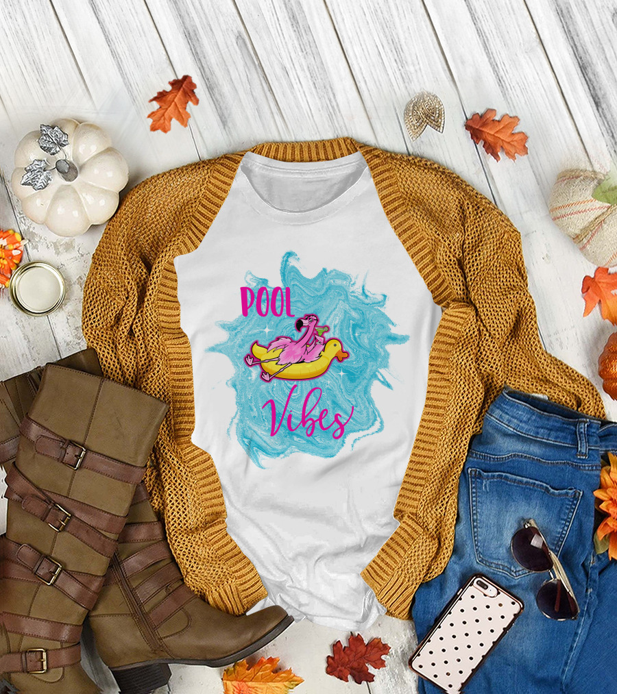 Pool Vibes Flamingo on Inflatable Duck with Blue Swirl Background T-Shirt