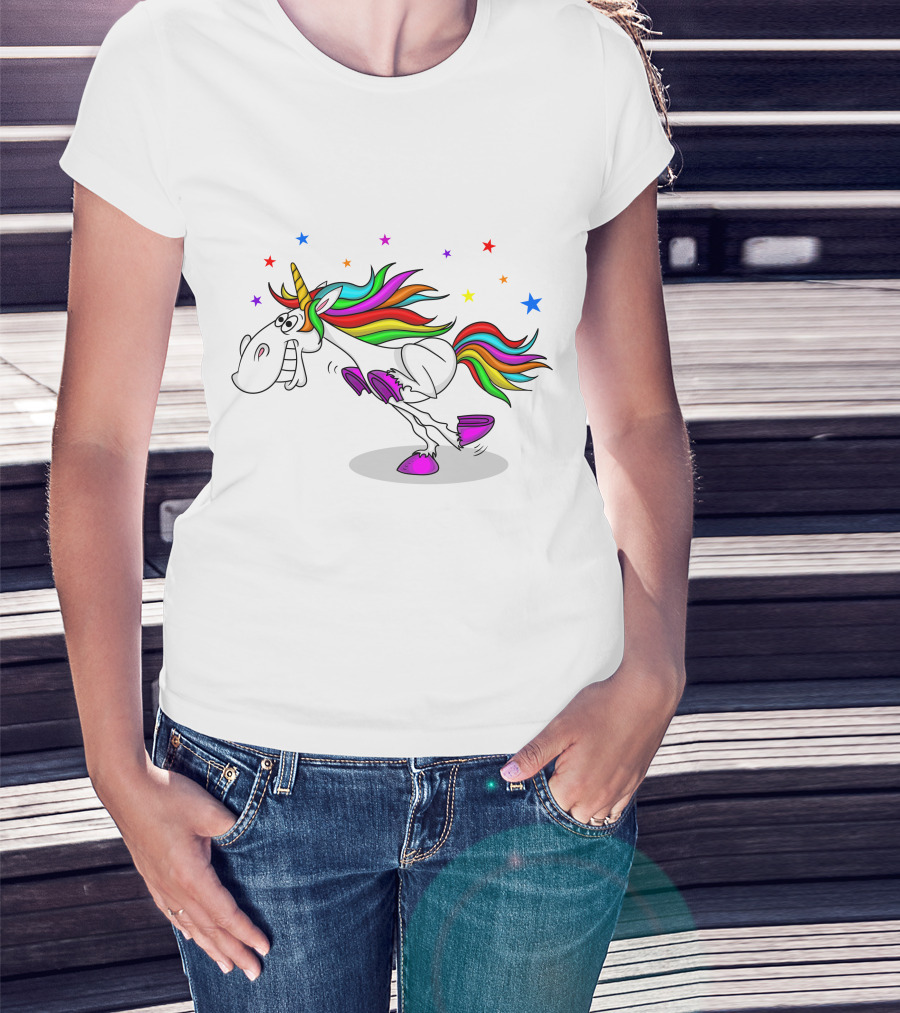 Awesome Unicorn Twinkles Rainbow Kicking Fun Stars Vibrant Mane T-Shirt