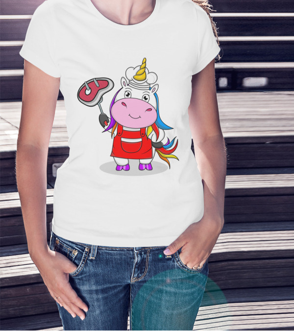 Barbecue Unicorn Chef With Rainbow Mane And Grilled Steak T-Shirt