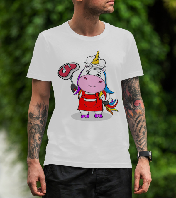 Barbecue Unicorn Chef With Rainbow Mane And Grilled Steak T-Shirt