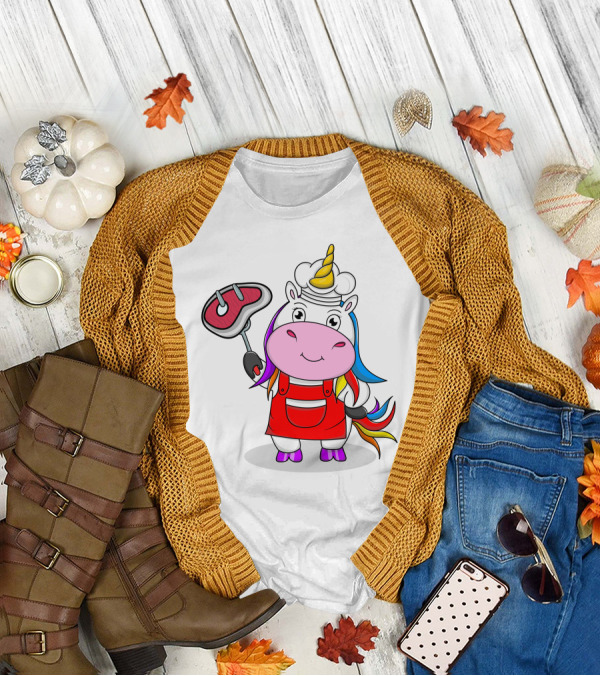Barbecue Unicorn Chef With Rainbow Mane And Grilled Steak T-Shirt