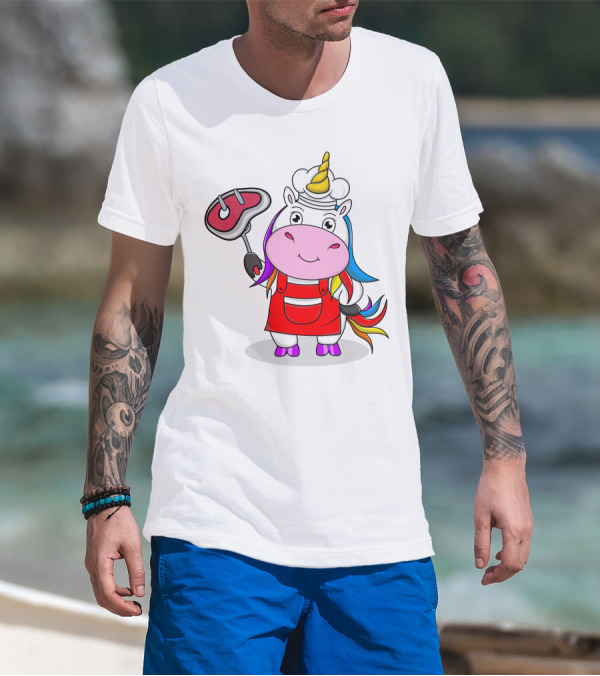 Barbecue Unicorn Chef With Rainbow Mane And Grilled Steak T-Shirt