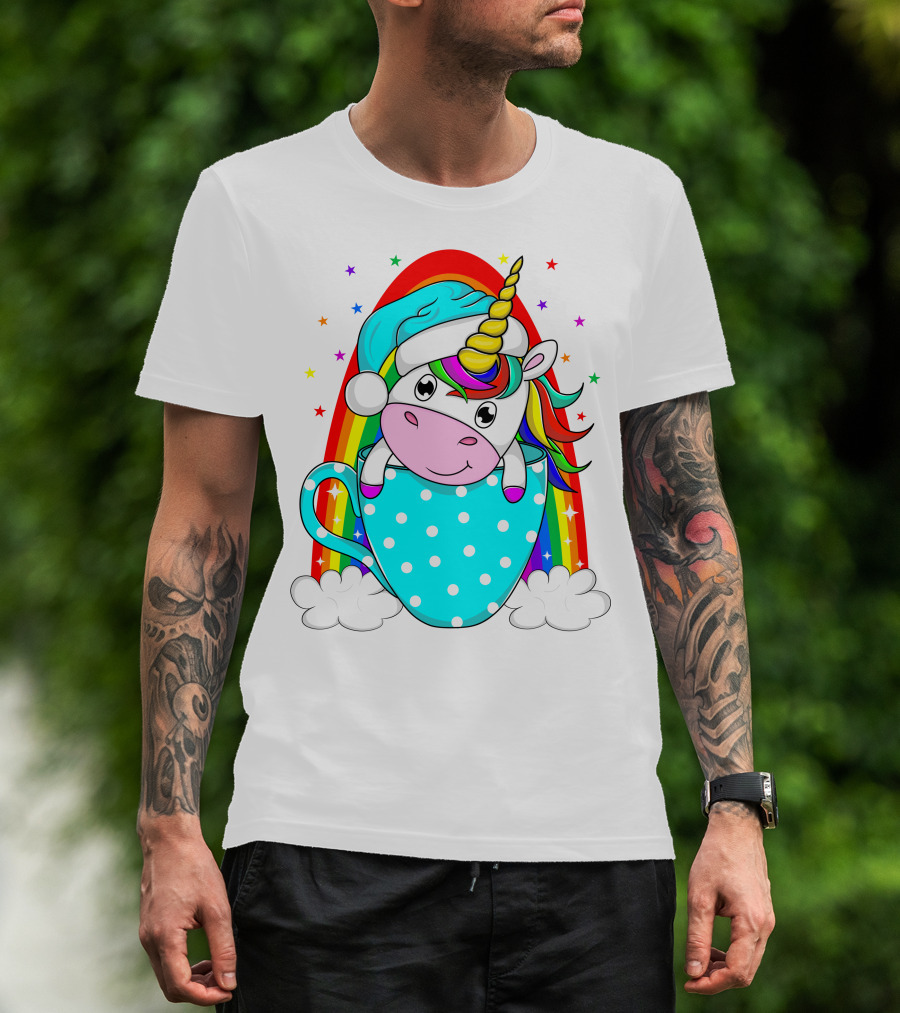Christmas Unicorn In Cup Rainbow Santa Hat Stars T-Shirt