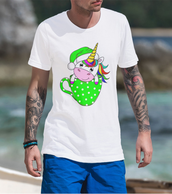 Funny Christmas Unicorn In Santa Hat With Green Polka Dot Cup T-Shirt