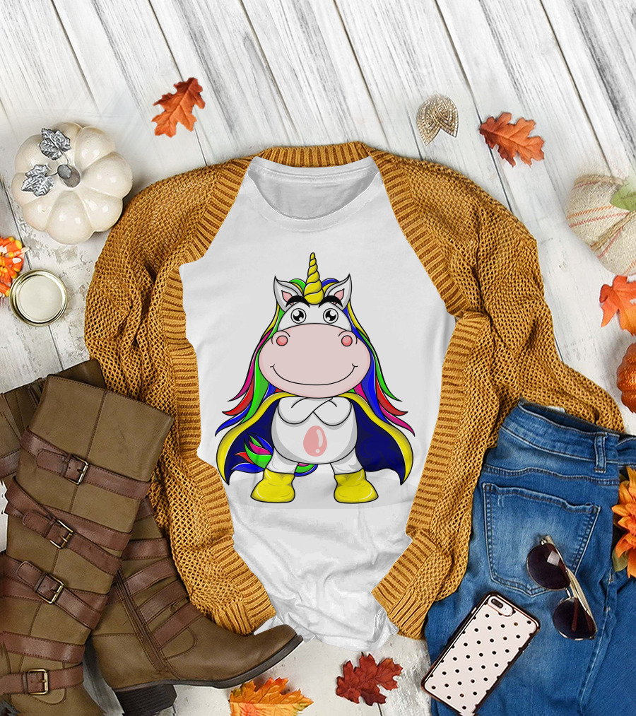 Superhero Unicorn with Rainbow Cape and Yellow Boots T-Shirt