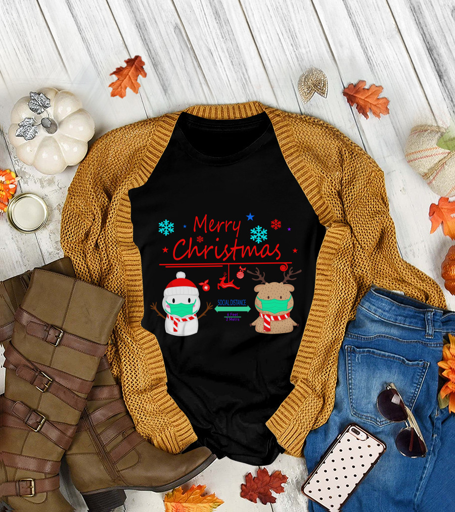 Merry Christmas Social Distance Snowman and Reindeer with Masks T-Shirt