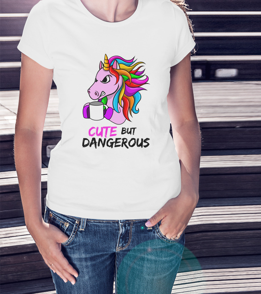 Cute But Dangerous Pink Unicorn With Rainbow Mane And Coffee Mug T-Shirt