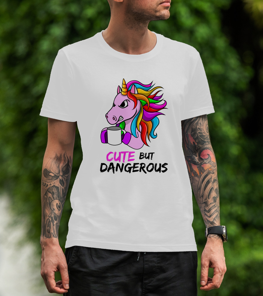 Cute But Dangerous Pink Unicorn With Rainbow Mane And Coffee Mug T-Shirt