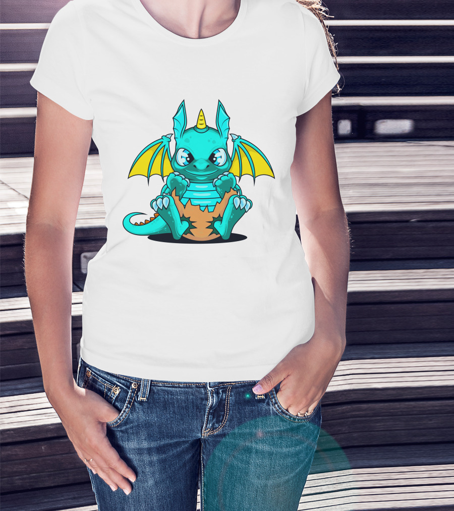 Cool Baby Dragon With Horns Sitting On Eggshell T-Shirt