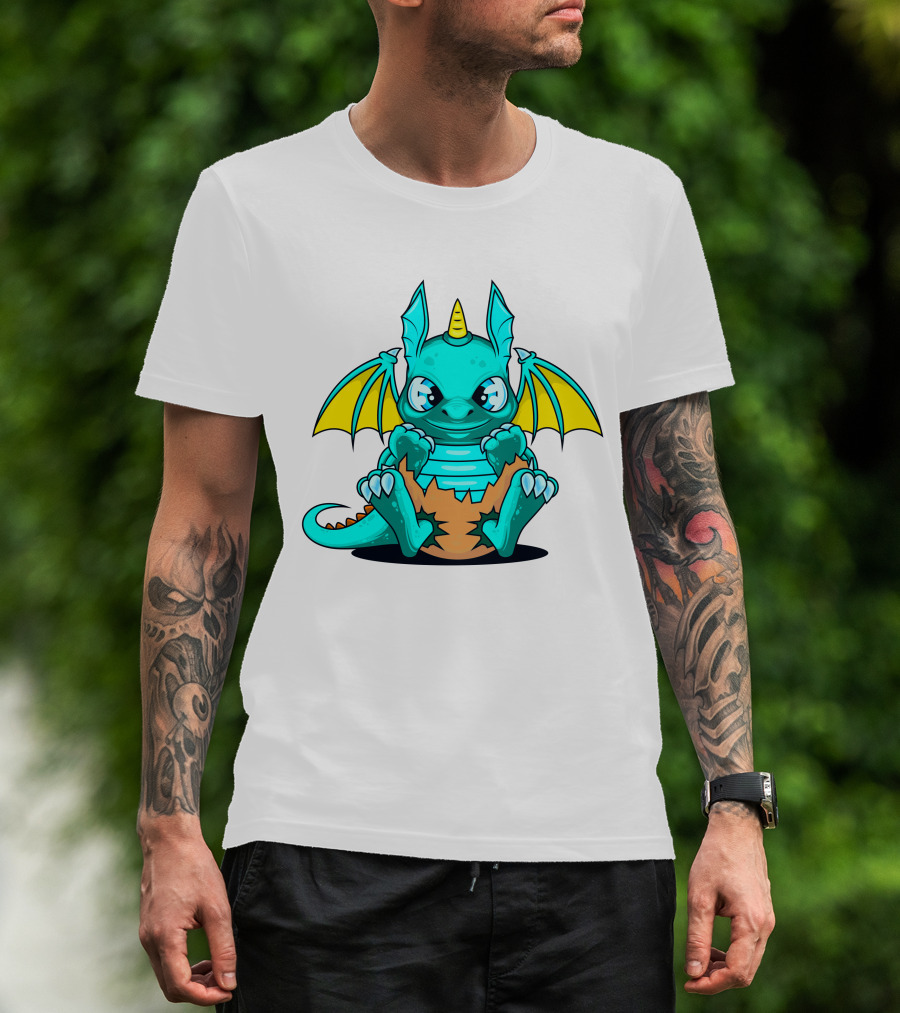 Cool Baby Dragon With Horns Sitting On Eggshell T-Shirt