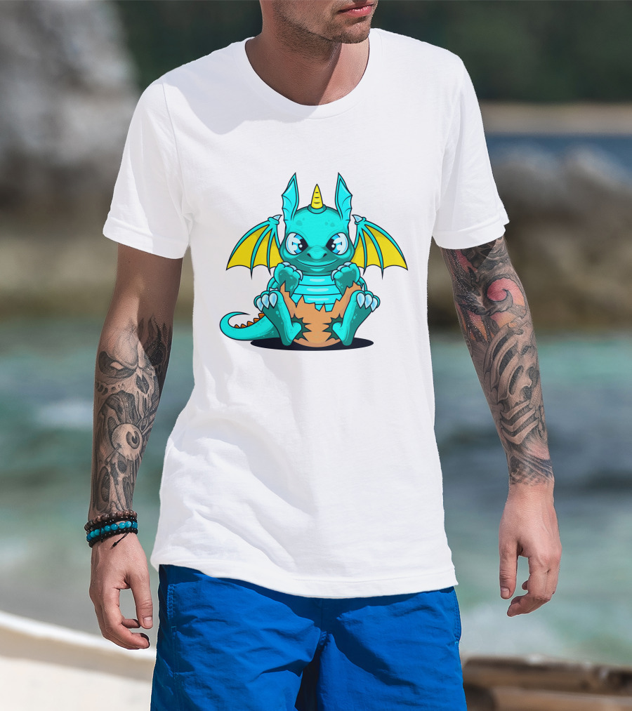 Cool Baby Dragon With Horns Sitting On Eggshell T-Shirt