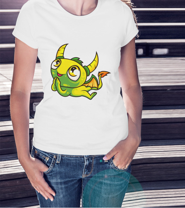 Cute Dragon Wishing Adorable Green And Yellow Horned Fantasy Character T-Shirt