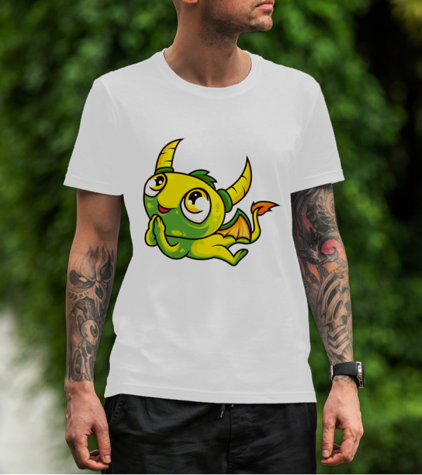 Cute Dragon Wishing Adorable Green And Yellow Horned Fantasy Character T-Shirt