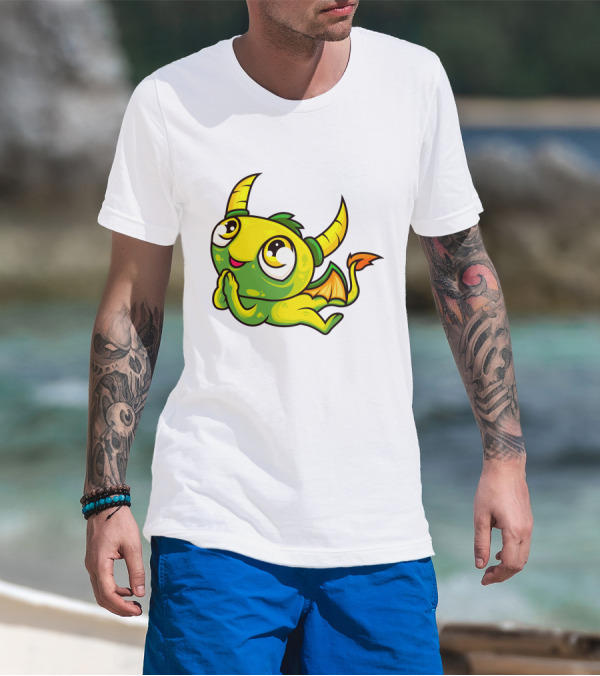 Cute Dragon Wishing Adorable Green And Yellow Horned Fantasy Character T-Shirt