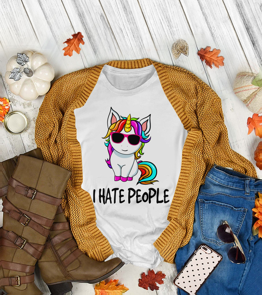 I Hate People Unicorn Rainbow Sunglasses T-Shirt