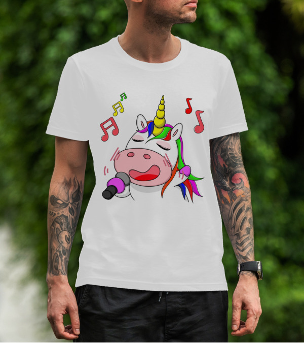 Unicorn Singing With Colorful Microphone And Musical Notes T-Shirt