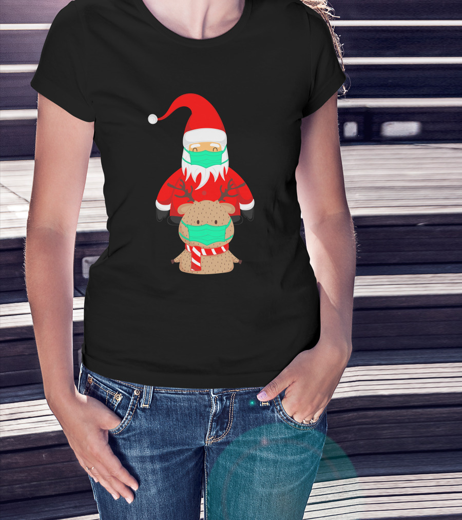 Santa Claus And Reindeer Wearing Masks T-Shirt