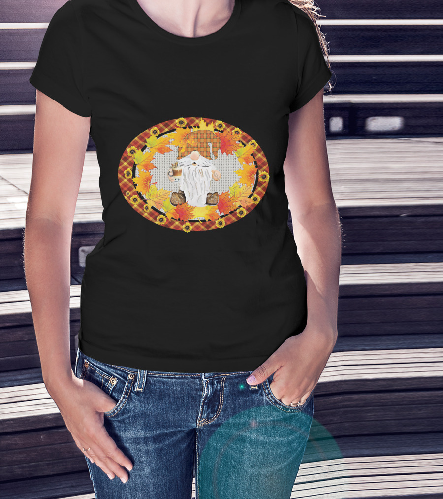 Fall Gnome With Coffee Mug Surrounded By Autumn Leaves And Sunflowers T-Shirt