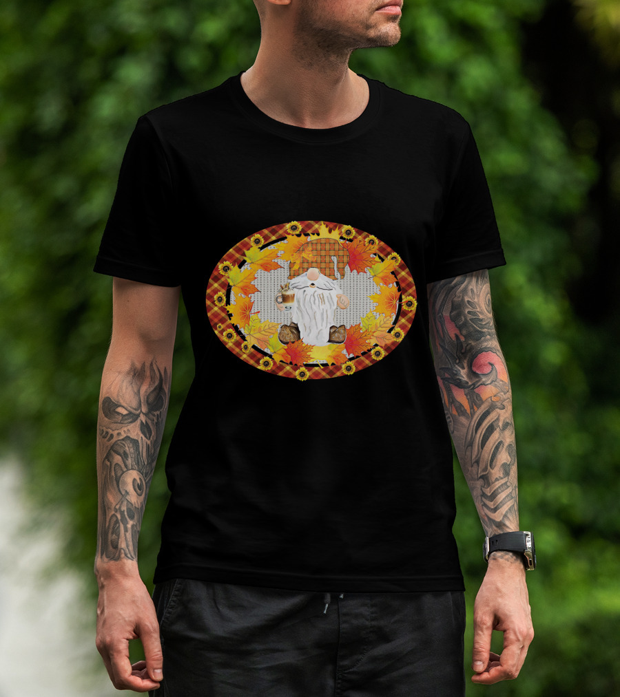 Fall Gnome With Coffee Mug Surrounded By Autumn Leaves And Sunflowers T-Shirt