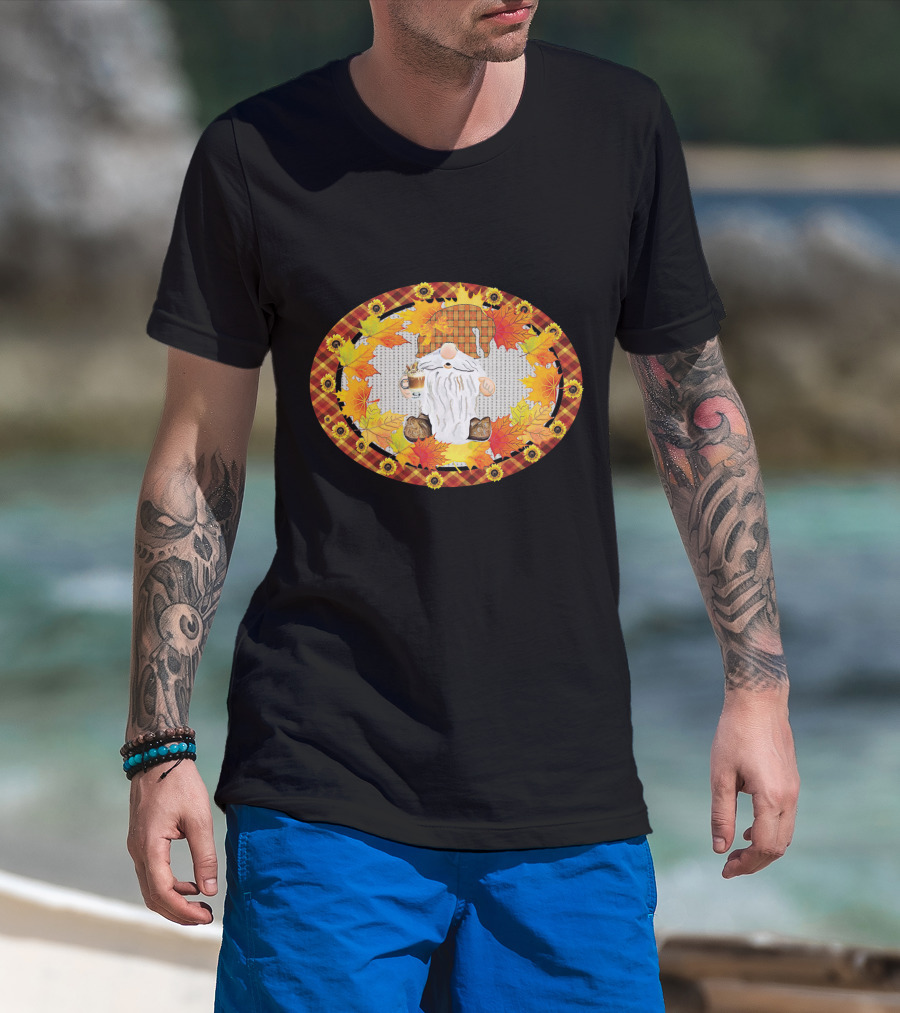 Fall Gnome With Coffee Mug Surrounded By Autumn Leaves And Sunflowers T-Shirt