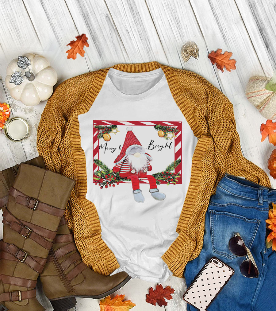 Merry And Bright Gnome Candy Cane Christmas Holiday T-Shirt