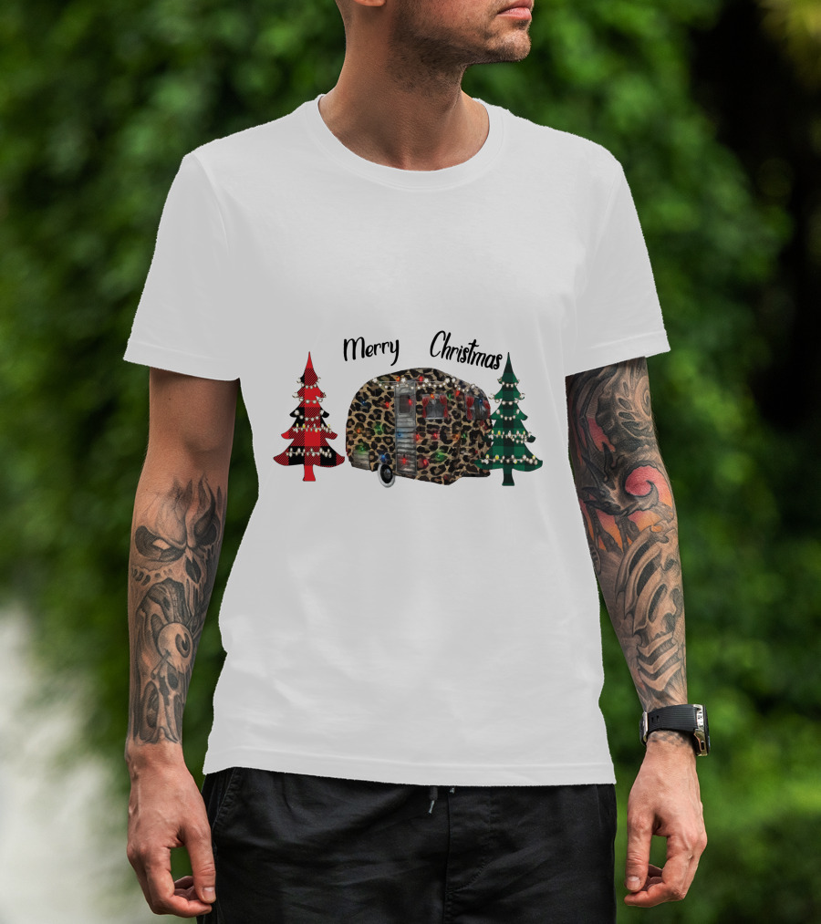 Merry Christmas Leopard Trailer With Festive Trees T-Shirt