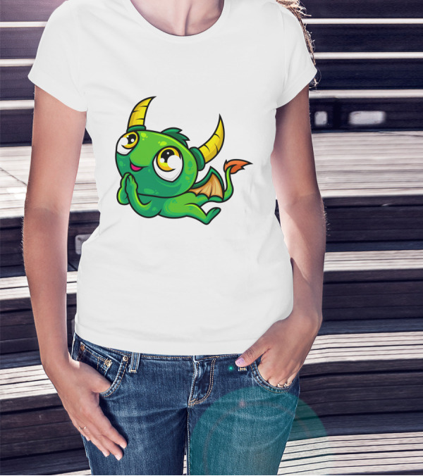 Cute Green Dragon Kawaii Cartoon Character With Horns And Wings T-Shirt