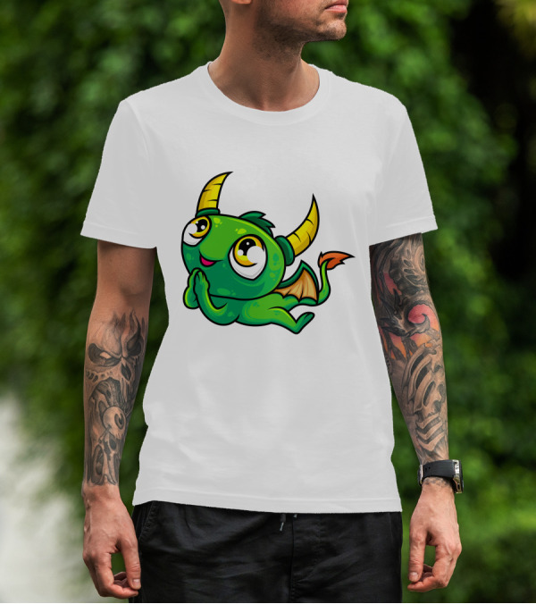 Cute Green Dragon Kawaii Cartoon Character With Horns And Wings T-Shirt